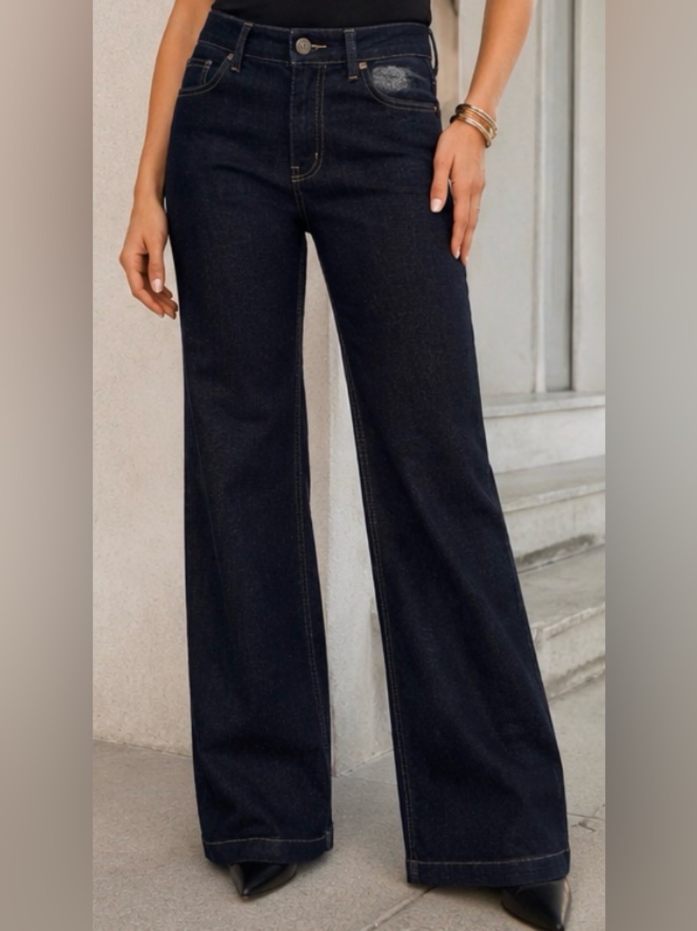White House Black Market Noir Trouser Leg Jeans Size 4S Dark Wash Wide Leg Denim - Picture 5 of 15